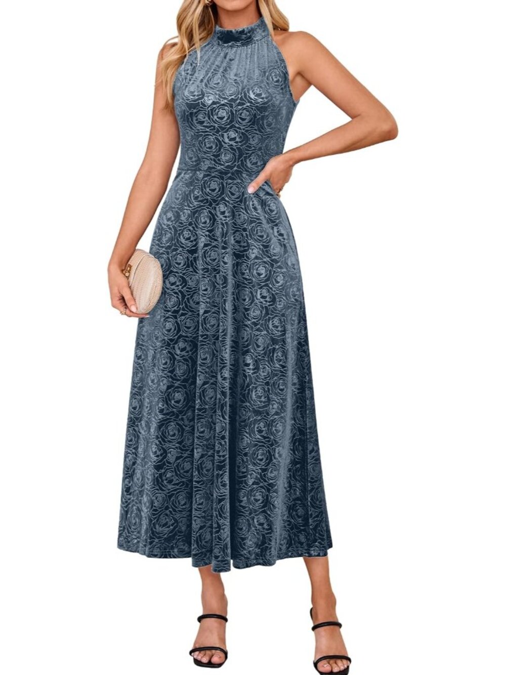 Women's Grey Blue Velvet Halter Floral Aline Sleeveless Wedding Maxi Dresses